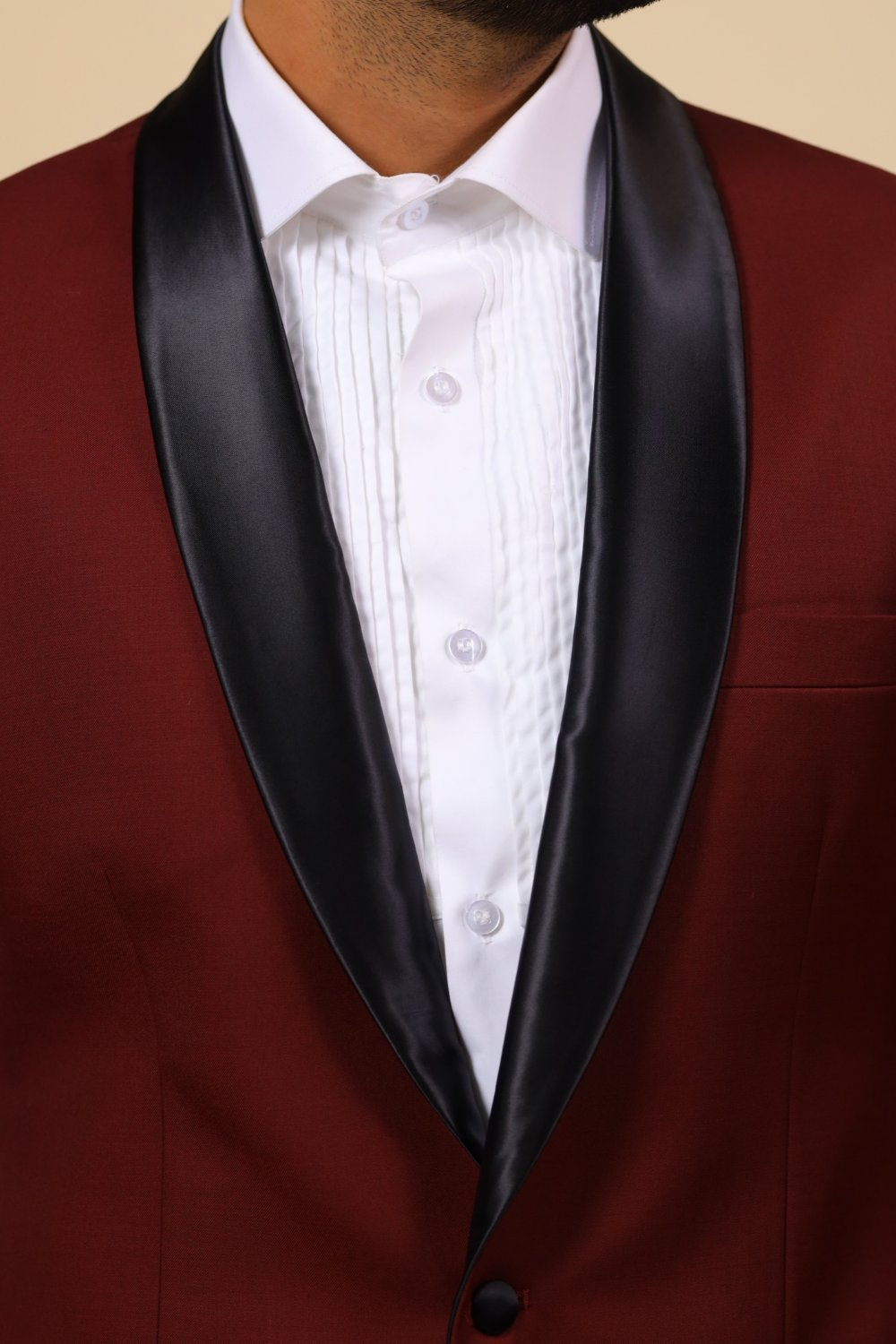 Burgundy Designer Tuxedo With Black Satin Lapels by Hilo Design