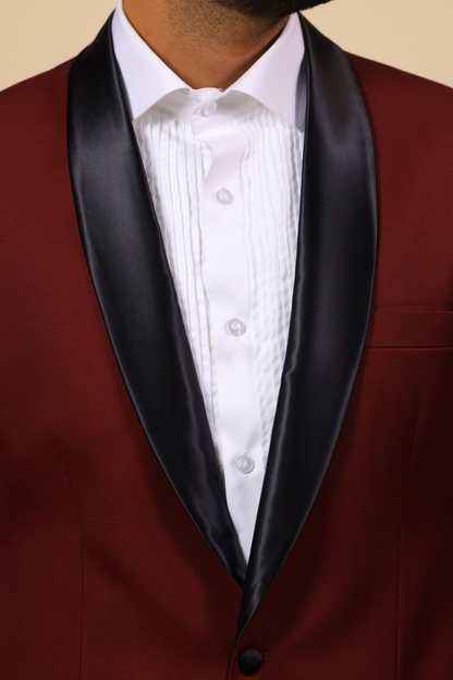 Burgundy Designer Tuxedo With Black Satin Lapels by Hilo Design