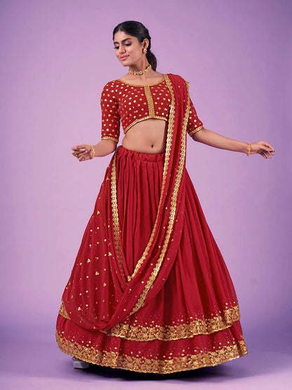 Myra Red Georgette Embroidered Designer Lehenga