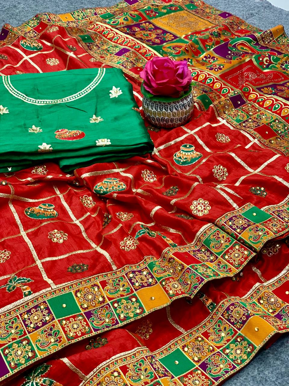 Lorenvalley Fashion Premium Red Dola Silk Embroidery and Diamond work with Jacquard Lace Border Saree