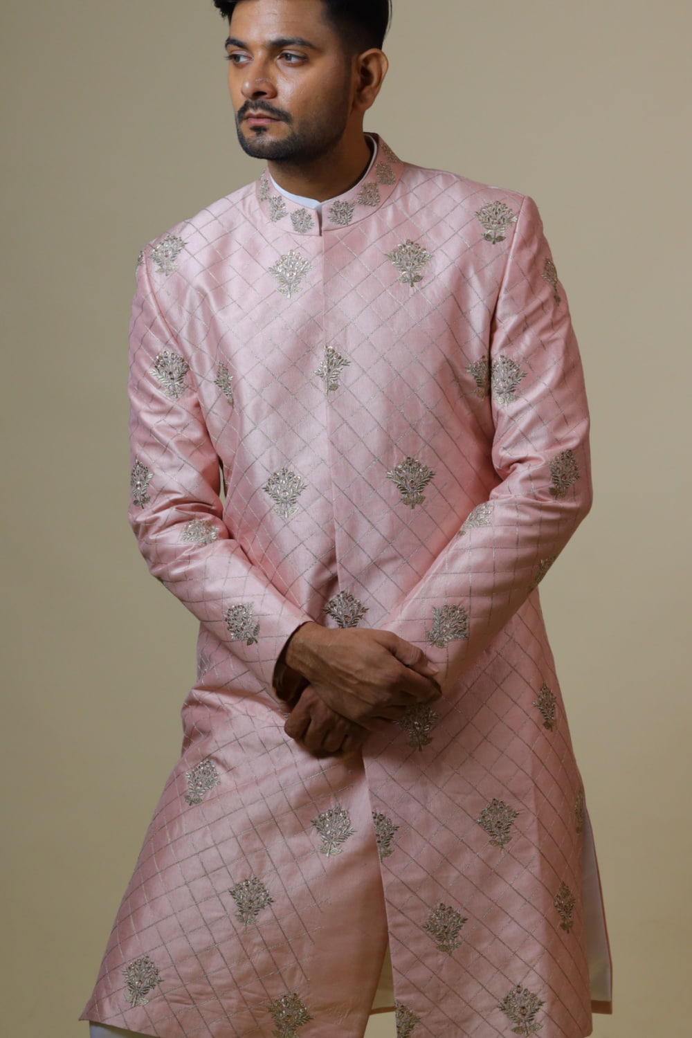 Light Coral Embroidered Designer Men's Sherwani by Hilo Design