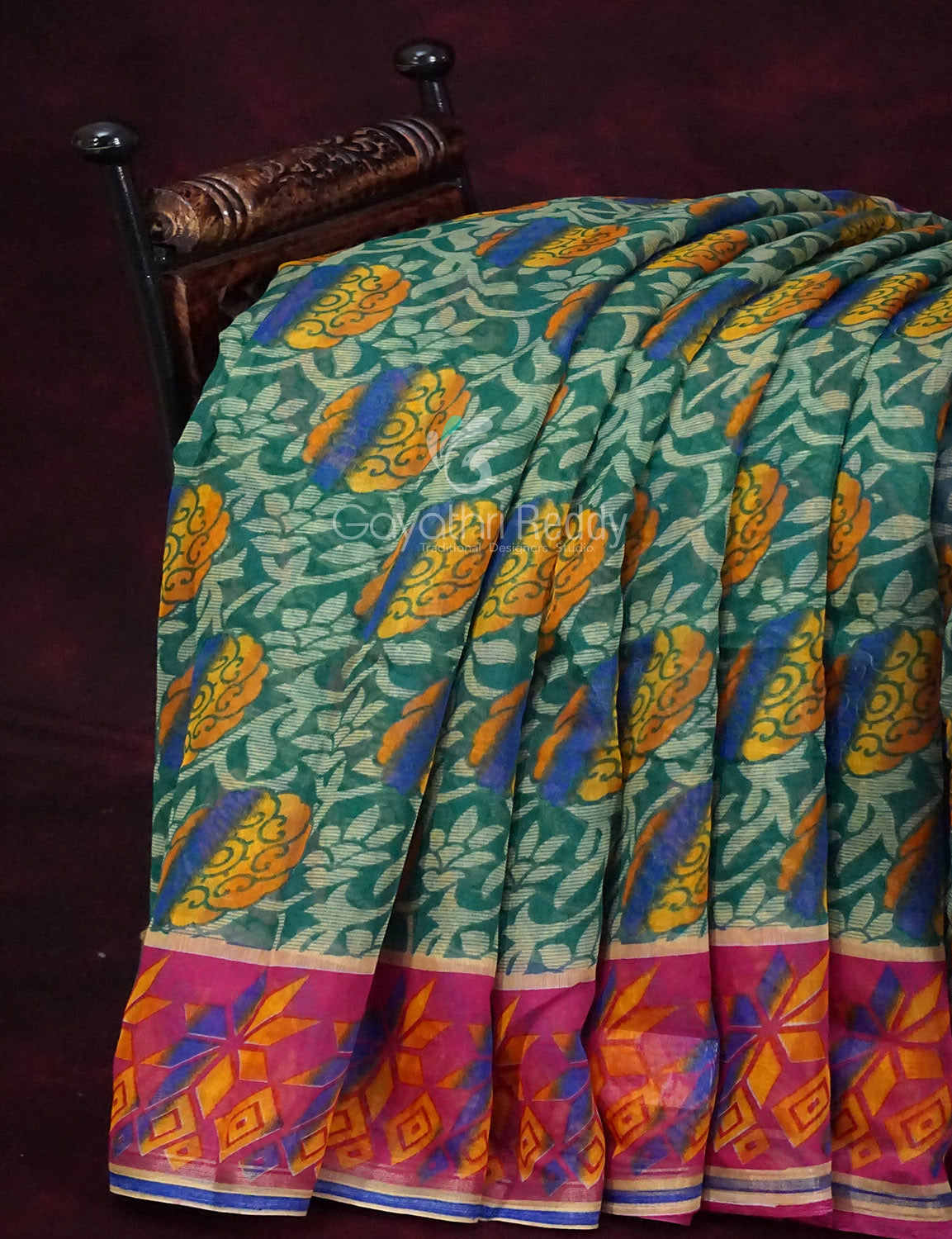 Rama Green Printed Semi Chanderi Saree By Gayathri Reddy Designer Studio