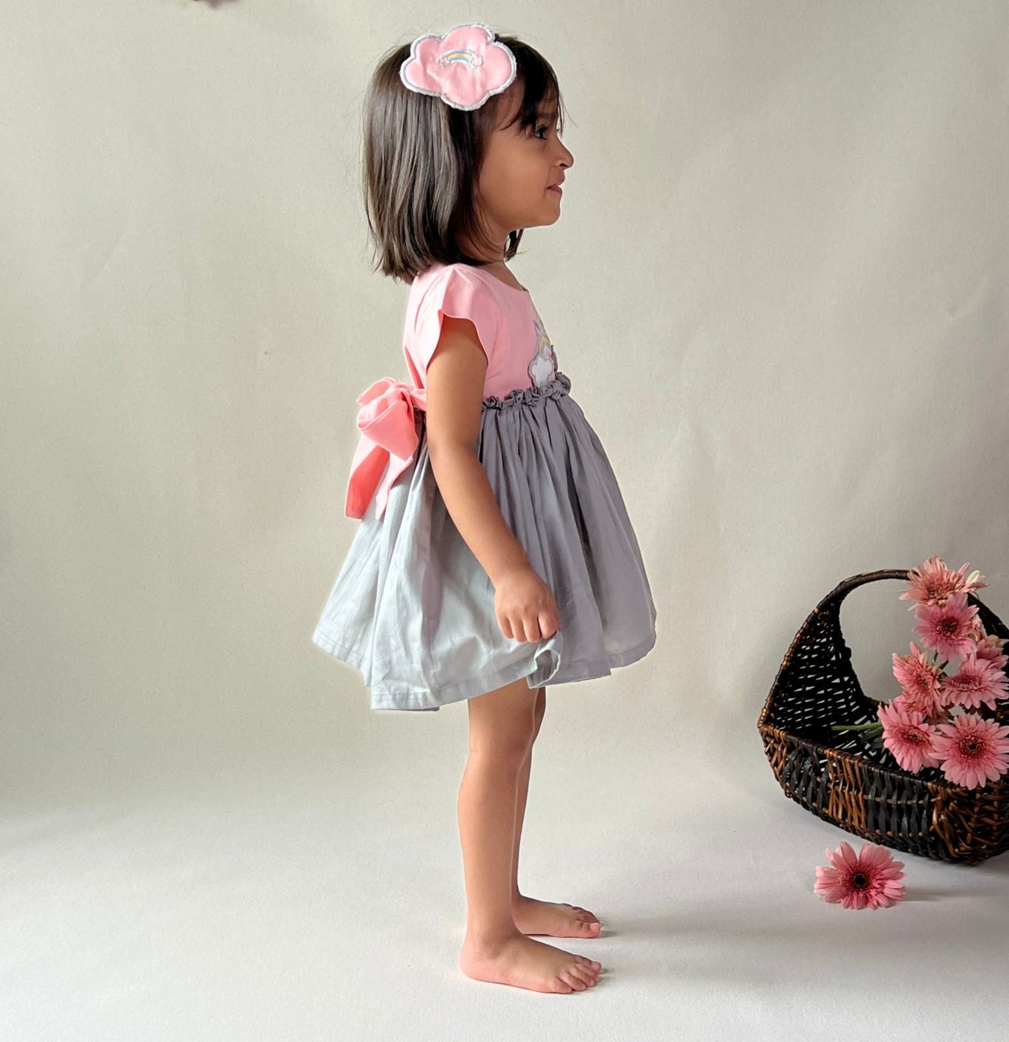 ArthLife Peach And Grey Unicorn Embroidered Dress