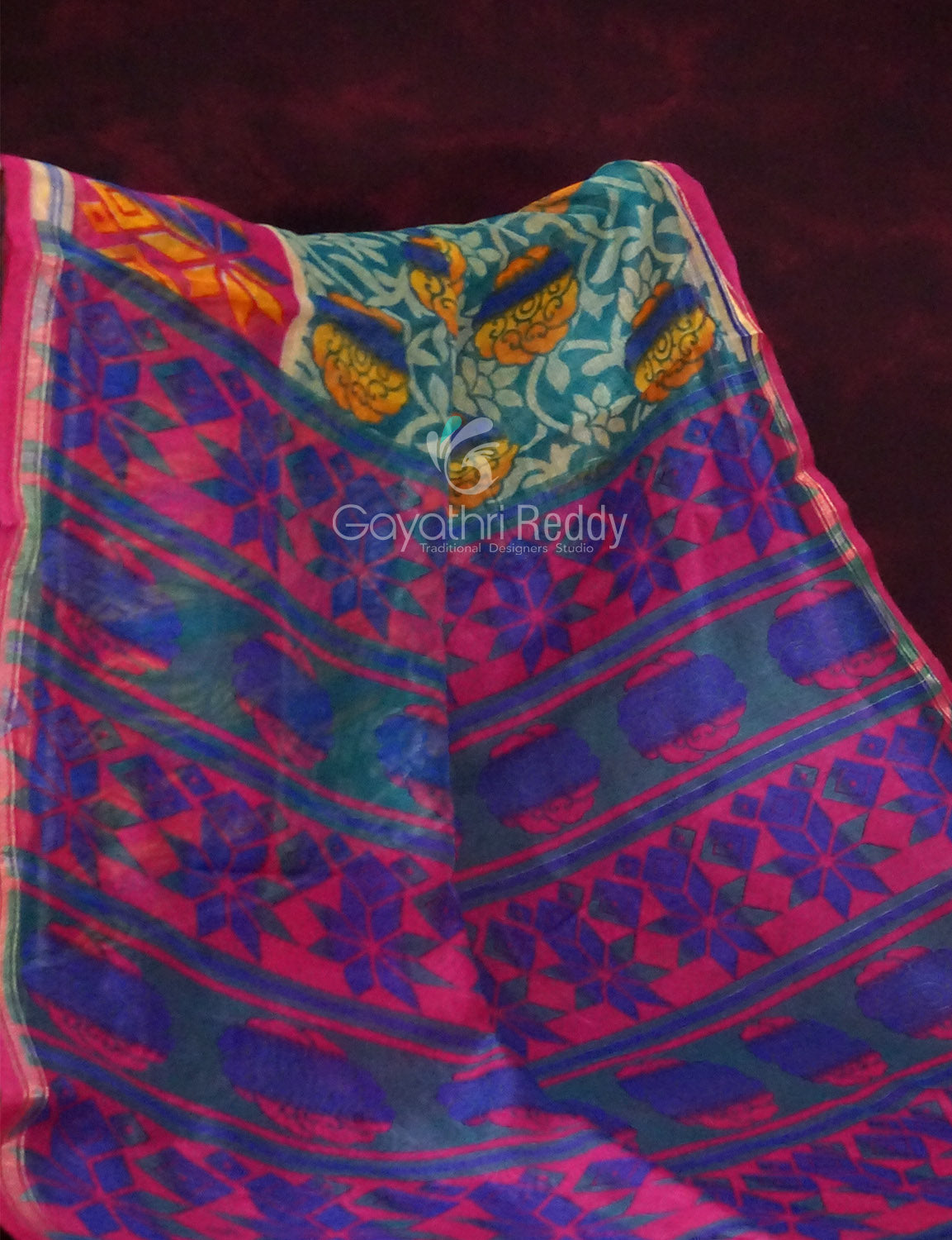 Rama Green Printed Semi Chanderi Saree By Gayathri Reddy Designer Studio