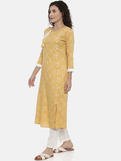 Souchii Mustard Yellow & Off-White Printed Kurta with Trousers