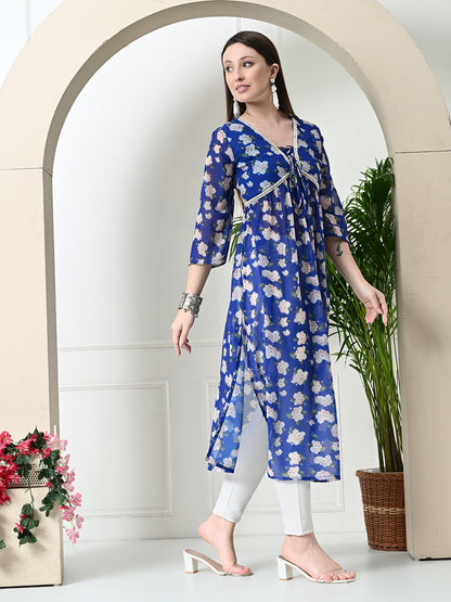 Myshka Women's Blue Printed Georgette A-Line Nyra-cut Kurta