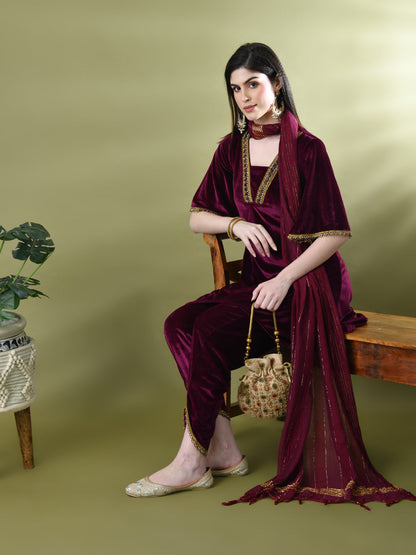 Myshka Women's Magenta Velvet Kurta Pant With Dupatta Set