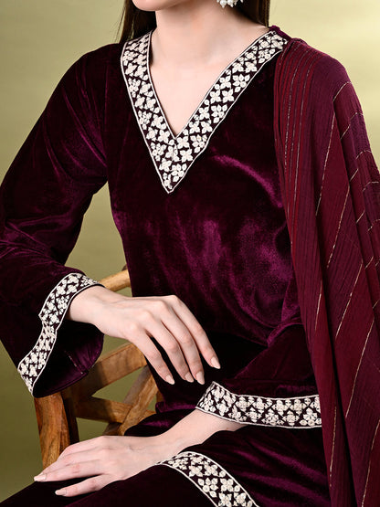 Myshka Women's Magenta Velvet Kurta Pant With Dupatta Set