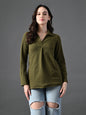 Myshka Women's Classic Olive Green V-Neck Full Sleeve Top For Daily Wear