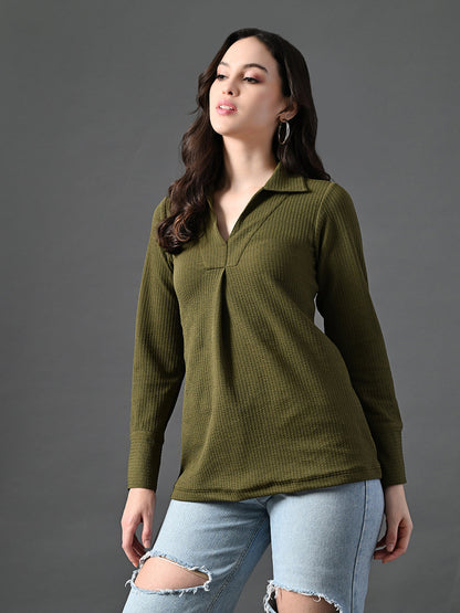 Myshka Women's Classic Olive Green V-Neck Full Sleeve Top For Daily Wear