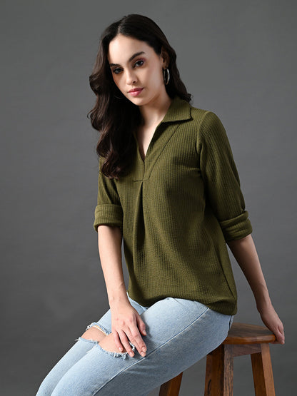 Myshka Women's Classic Olive Green V-Neck Full Sleeve Top For Daily Wear