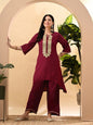 Myshka Women's Embroidered Keyhole Neck Bell Sleeves Kurta & Palazzos Set With Dupattas In Magenta Colour