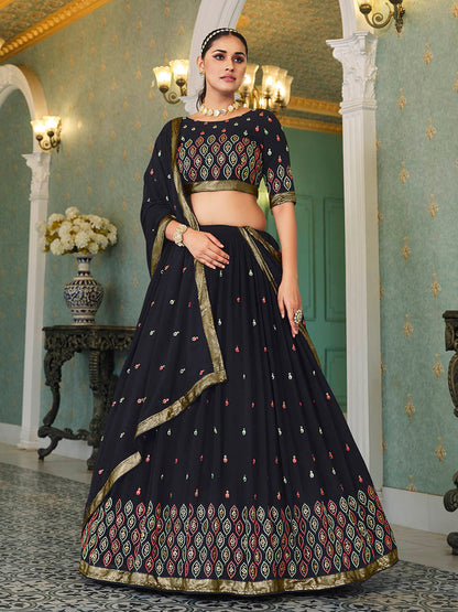 Myra Navy Blue Georgette Embroidered Designer Lehenga