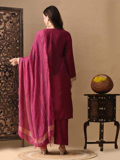 Myshka Wine Silk Blend Straight Round Neck Long Sleeves Kurta Trousers With Dupatta