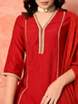 Myshka Red Silk Blend Straight V-Neck Three-Quarter Sleeves Kurta Trousers With Dupatta