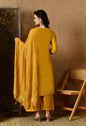 Myshka Musturd Silk Blend Straight Round Neck Long Sleeves Kurta Trousers With Dupatta