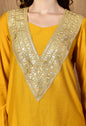 Myshka Musturd Silk Blend Straight Round Neck Long Sleeves Kurta Trousers With Dupatta
