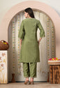 Myshka Green Silk Blend Straight Round Neck Three-Quarter Sleeves Kurta Trousers Set