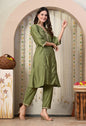 Myshka Green Silk Blend Straight Round Neck Three-Quarter Sleeves Kurta Trousers Set