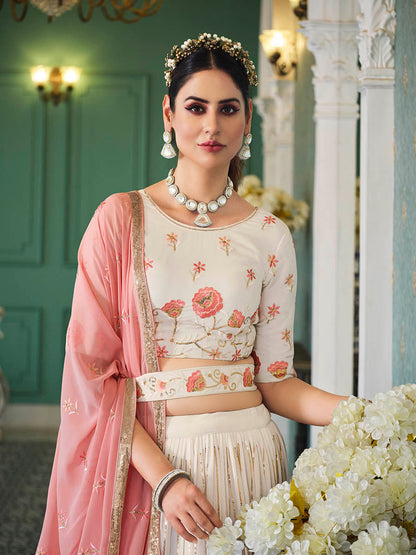 Myra Pearl White Georgette Embroidered Designer Lehenga