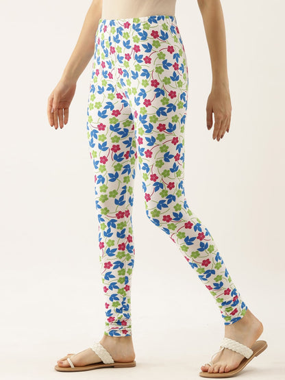Souchii White & Blue Printed Slim-Fit Ankle-Length Leggings
