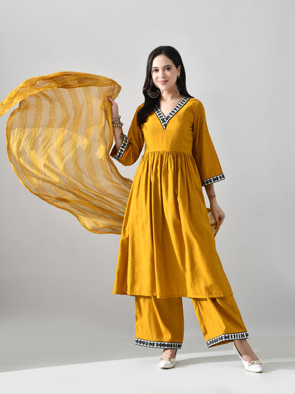 Myshka Women Mustard Embellished V-Neck Anarkali Kurta Palazzo With Dupatta