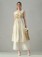 Myshka Women Off White Embroidered Long Kurta With Front Slit Trouser