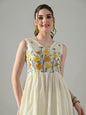 Myshka Women Off White Embroidered Long Kurta With Front Slit Trouser
