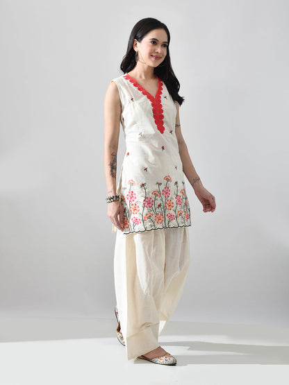 Myshka Women Off White Embroidered Short Kurta With Farsi Salwar