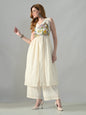 Myshka Women Off White Embroidered Long Kurta With Front Slit Trouser