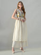 Myshka Women Off White Embroidered Long Kurta With Front Slit Trouser