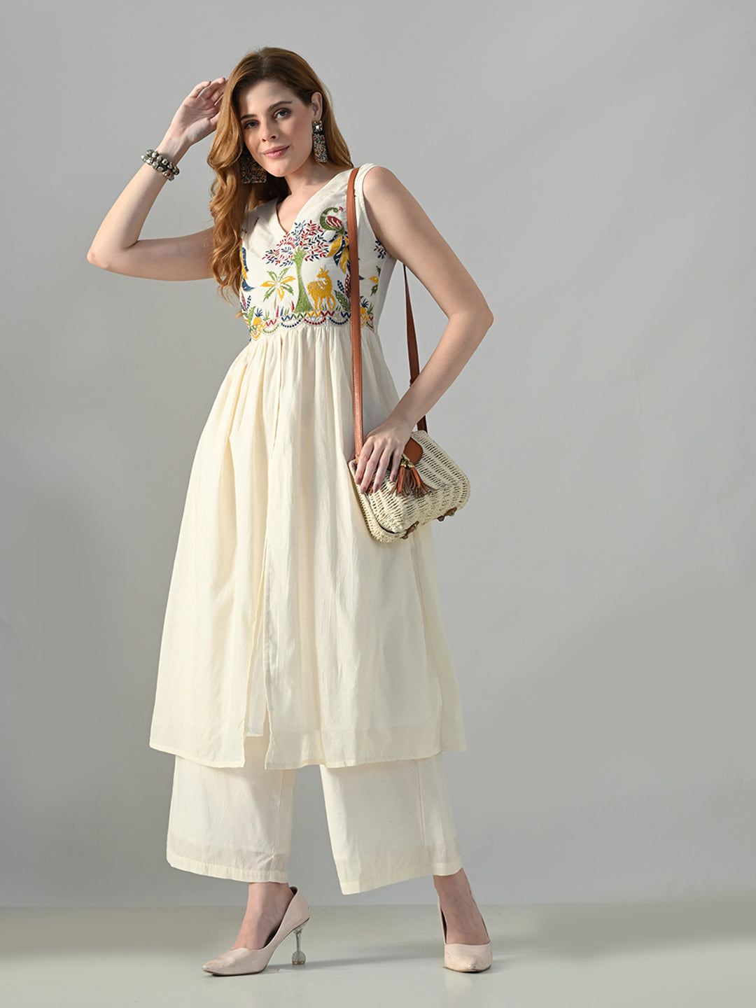 Myshka Women Off White Embroidered Long Kurta With Front Slit Trouser