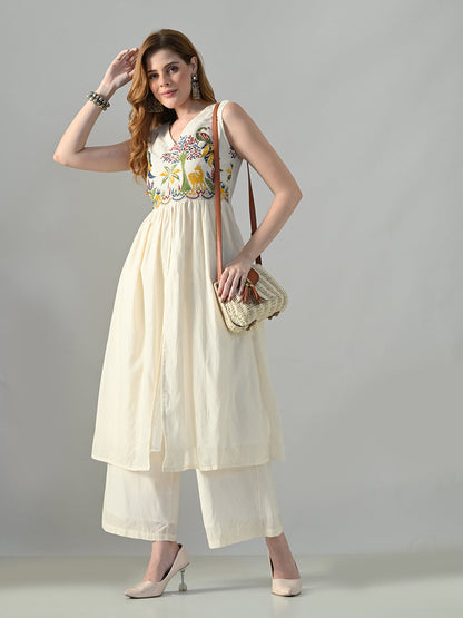 Myshka Women Off White Embroidered Long Kurta With Front Slit Trouser