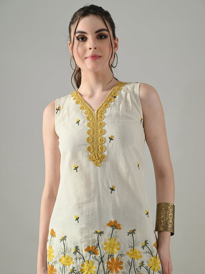 Myshka Women Off White Embroidered Short Kurta With Farsi Salwar
