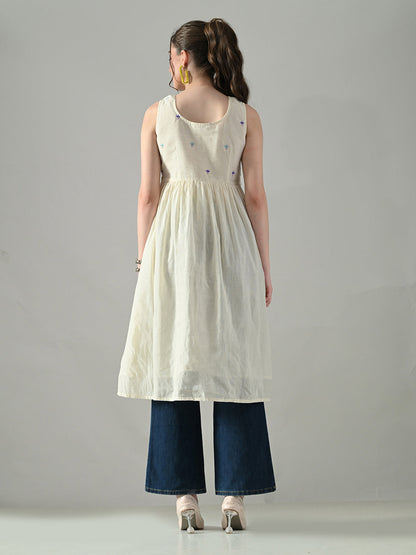 Myshka Women Off White Multicolor Thread Embroidered Sleeveless Long Kurta