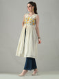 Myshka Women Off White Multicolor Thread Embroidered Sleeveless Long Kurta
