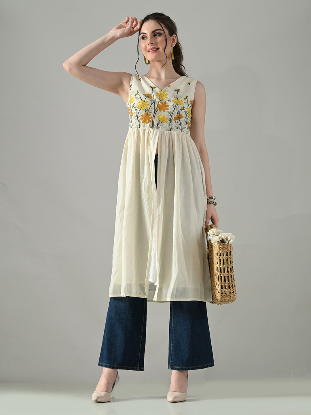 Myshka Women Off White Multicolor Thread Embroidered Sleeveless Long Kurta