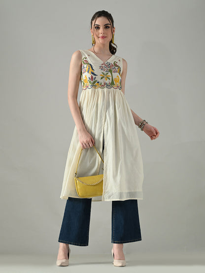 Myshka Women Off White Multicolor Thread Embroidered Sleeveless Long Kurta