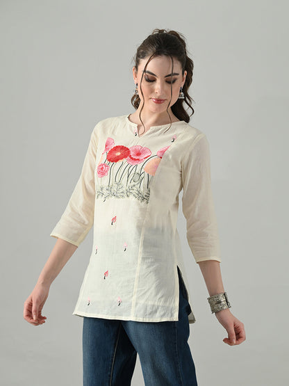 Myshka Women Off White Multicolor Thread Embroidered Tunic Three Quarter Sleeves Round Neck