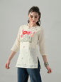 Myshka Women Off White Multicolor Thread Embroidered Tunic Three Quarter Sleeves Round Neck
