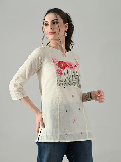 Myshka Women Off White Multicolor Thread Embroidered Tunic Three Quarter Sleeves Round Neck