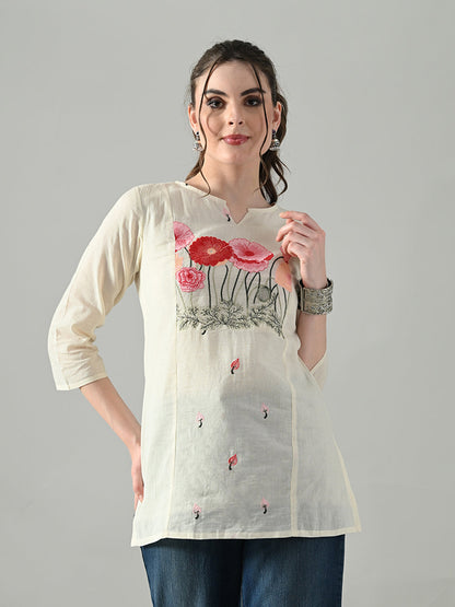 Myshka Women Off White Multicolor Thread Embroidered Tunic Three Quarter Sleeves Round Neck