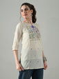 Myshka Women Off White Multicolor Thread Embroidered Tunic Three Quarter Sleeves Round Neck