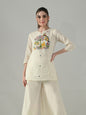 Myshka Women Off White Multicolor Thread Embroidered Tunic Three Quarter Sleeves Round Neck