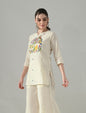 Myshka Women Off White Multicolor Thread Embroidered Tunic Three Quarter Sleeves Round Neck