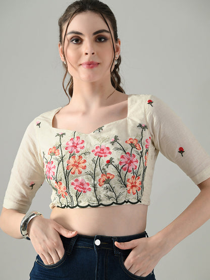 Myshka Women Off White Multicolor Thread Embroidered Saree Blouse