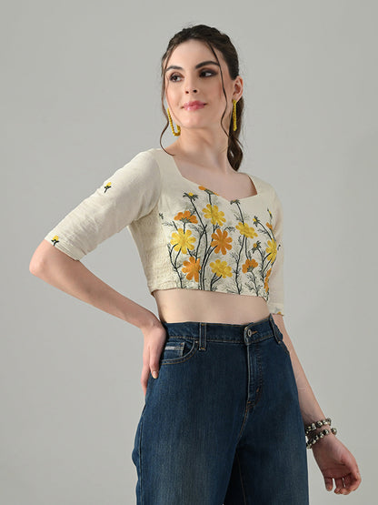 Myshka Women Off White Multicolor Thread Embroidered Saree Blouse