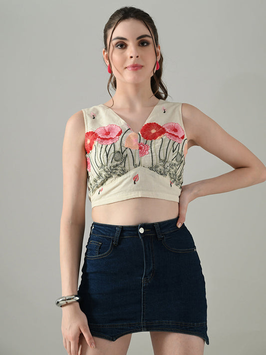 Myshka Women Off White Multicolor Thread Embroidered Saree Blouse