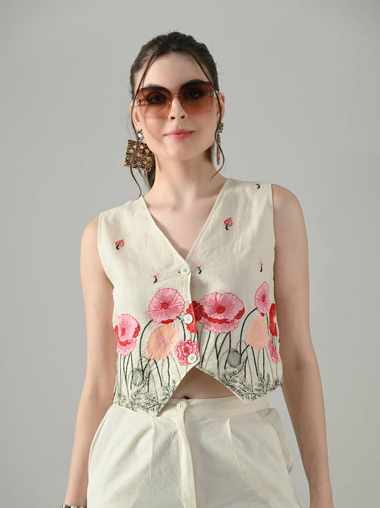 Myshka Women Off White Multicolor Thread Embroidered Waistcoat
