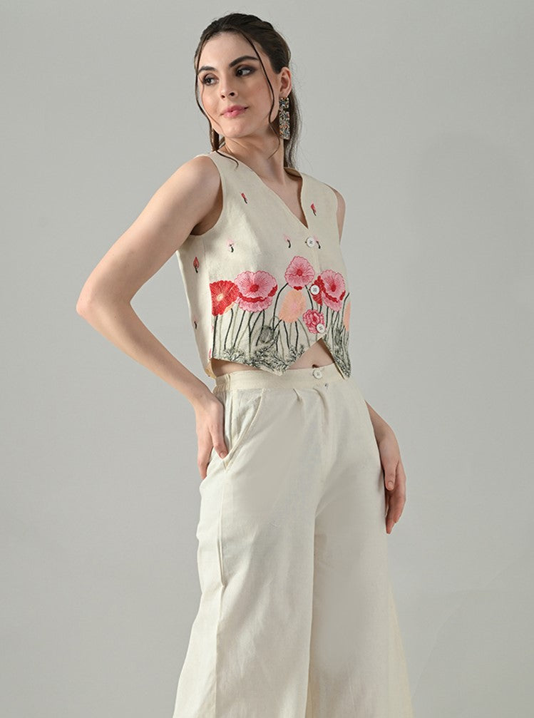 Myshka Women Off White Multicolor Thread Embroidered Waistcoat
